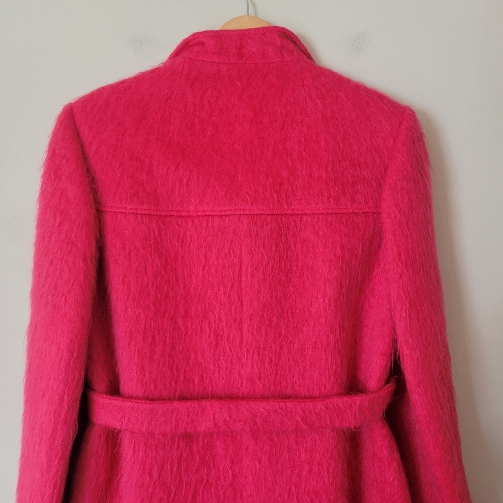 Vintage 80s Mohair Wool Women's Double Breasted Belted Fuchsia Pink Trench Coat - Picture 4 of 11